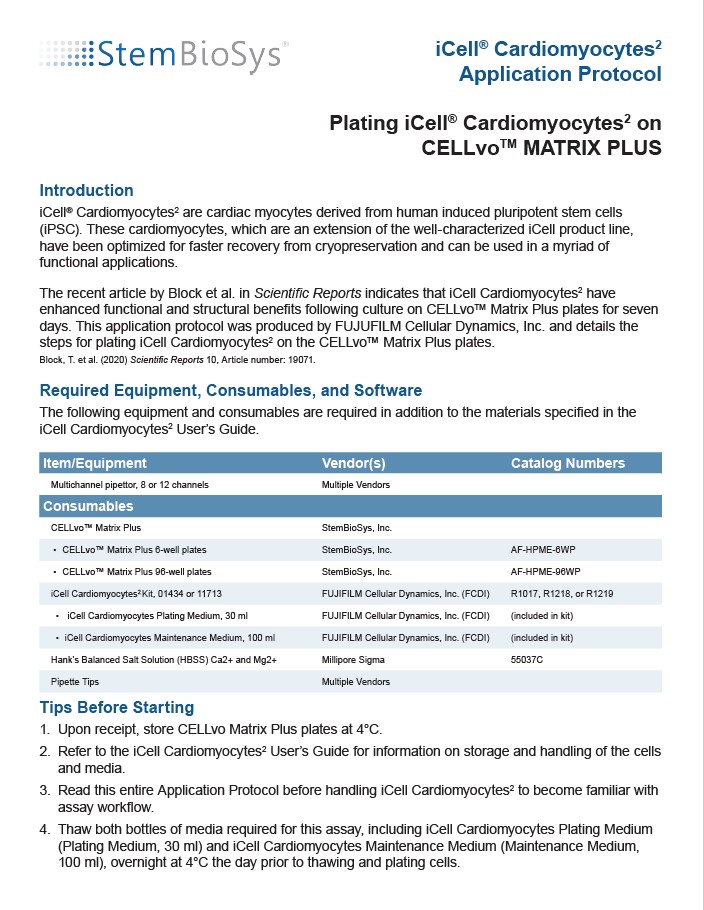 application protocol thumbnail. Plating iCell Cardiomyocytes2 on CELLvoTM MATRIX PLUS from Stembiosys