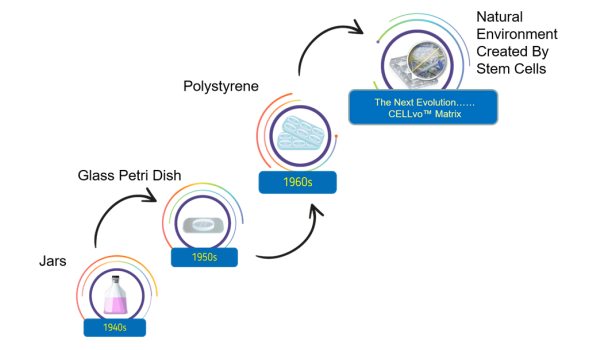 Evolution of cell culture from suspension cultures, to plastic dishes.
